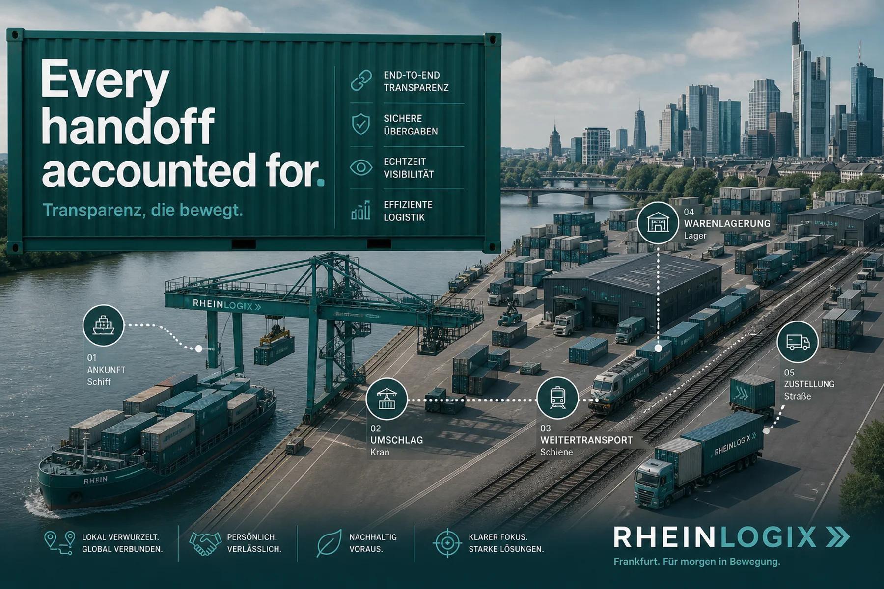 Fictional RheinLogix logistics brand artwork