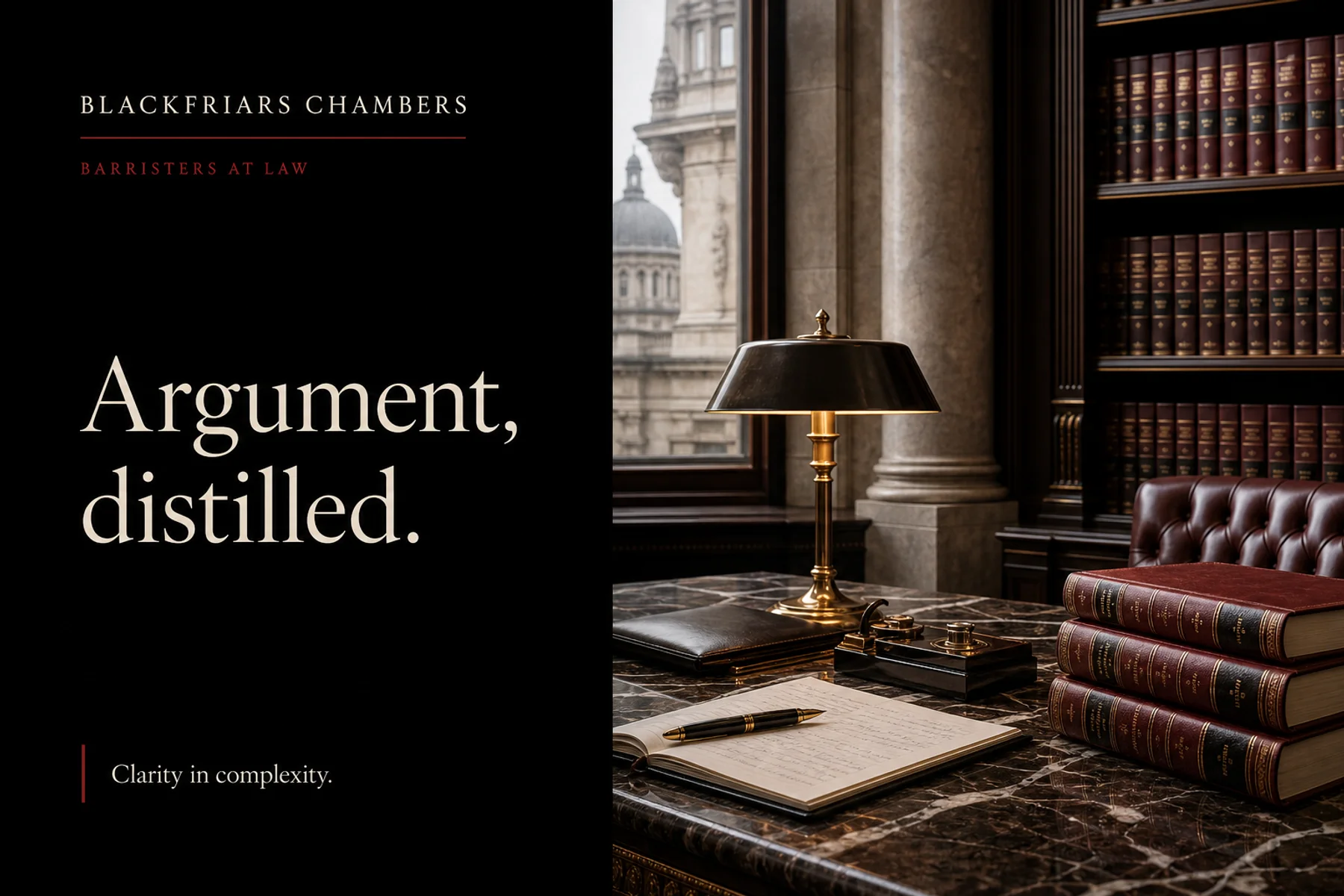 Fictional Blackfriars Chambers legal brand campaign in black, ivory and oxblood