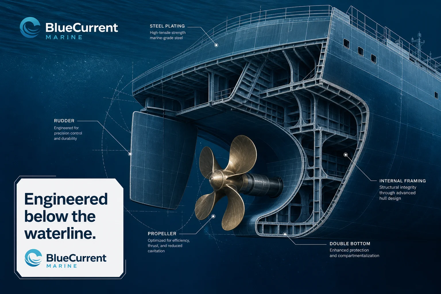 Fictional BlueCurrent Marine engineering brand campaign
