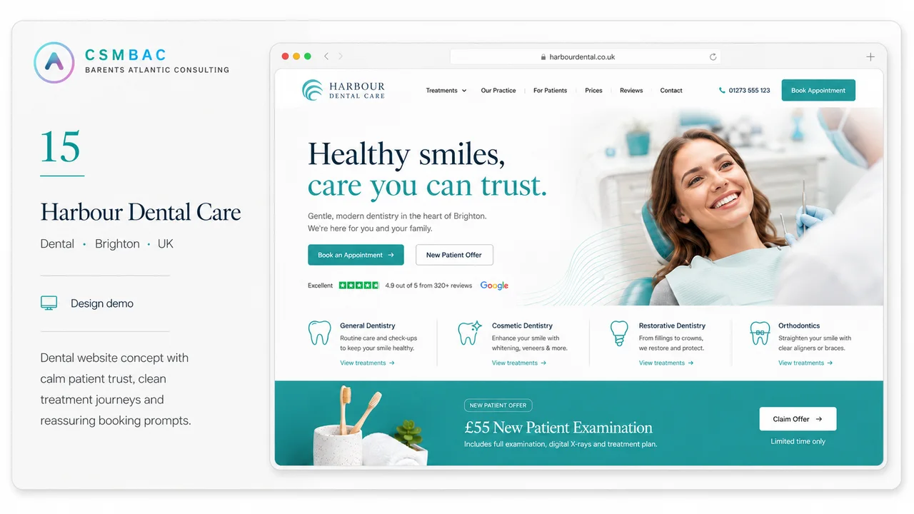 Example website theme concept, harbour dental care
