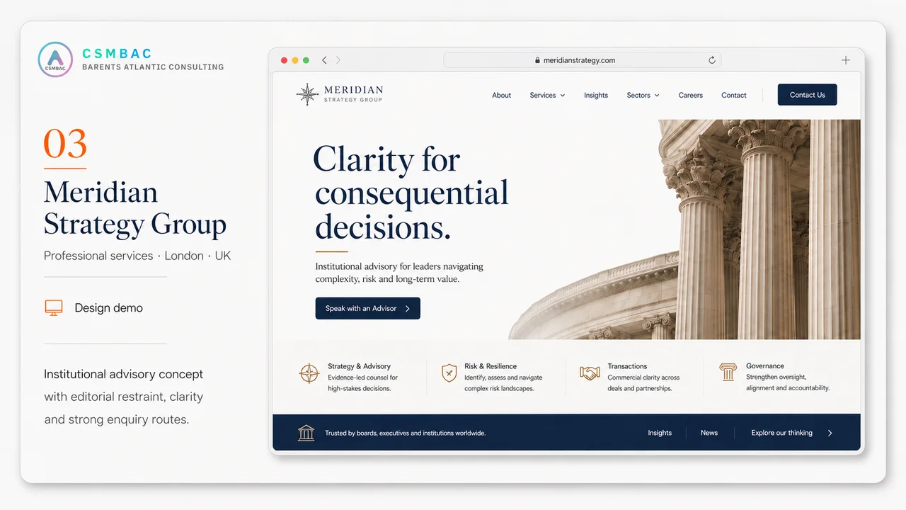 Example website theme concept, meridian strategy group