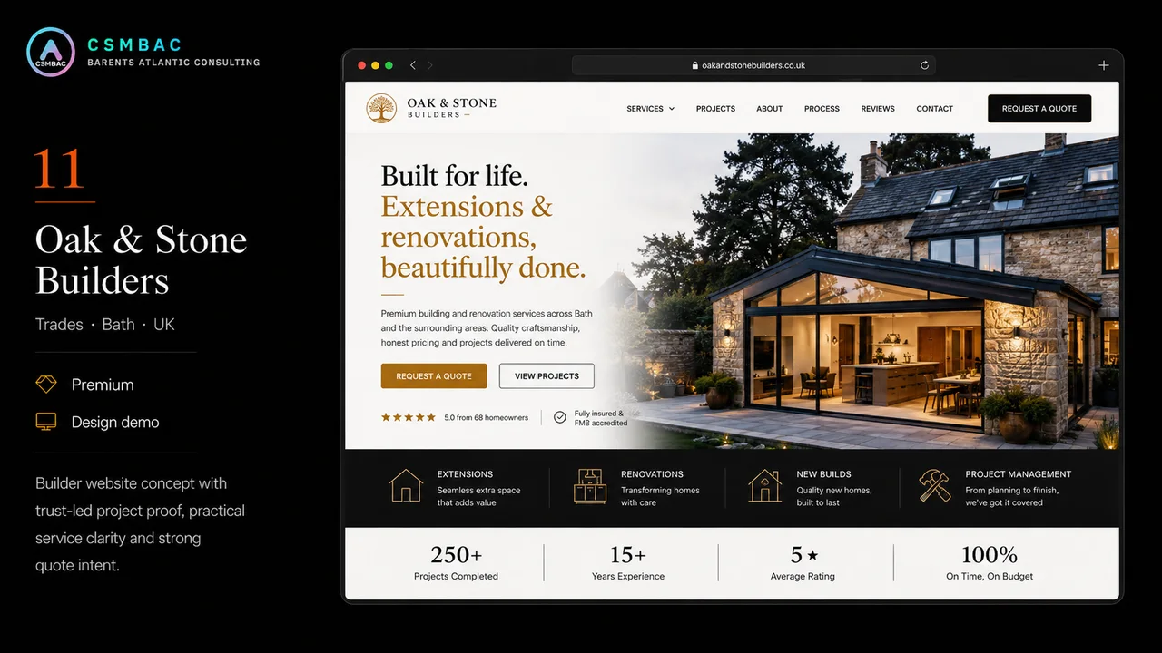 Example website theme concept — oak and stone builders