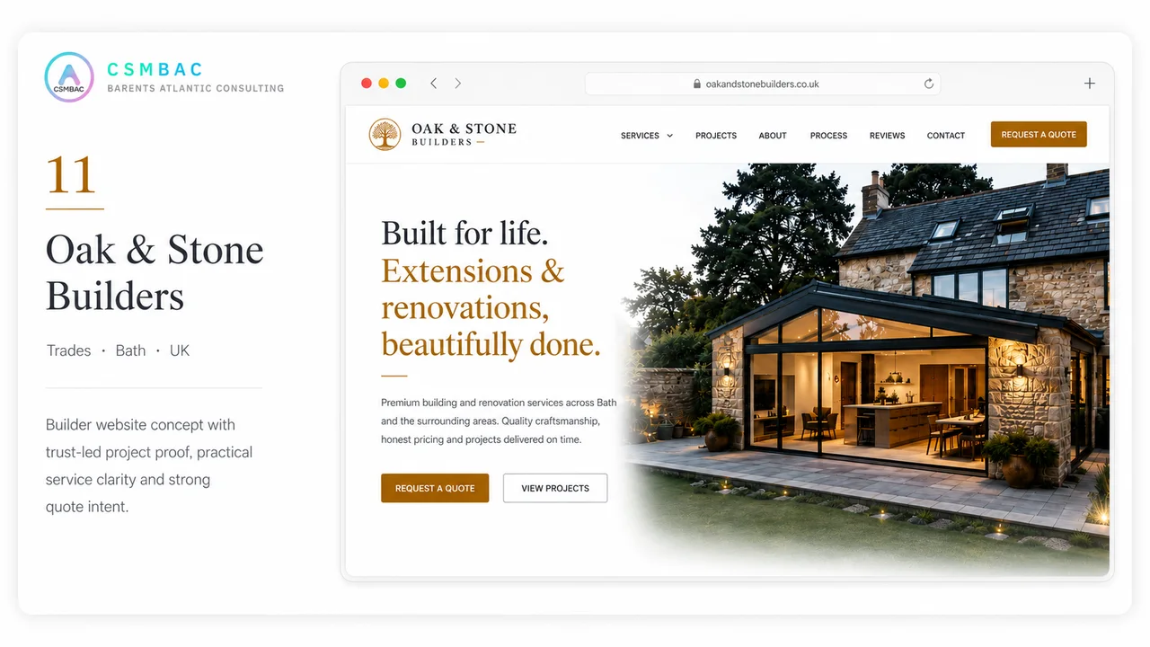 Example website theme concept, oak and stone builders