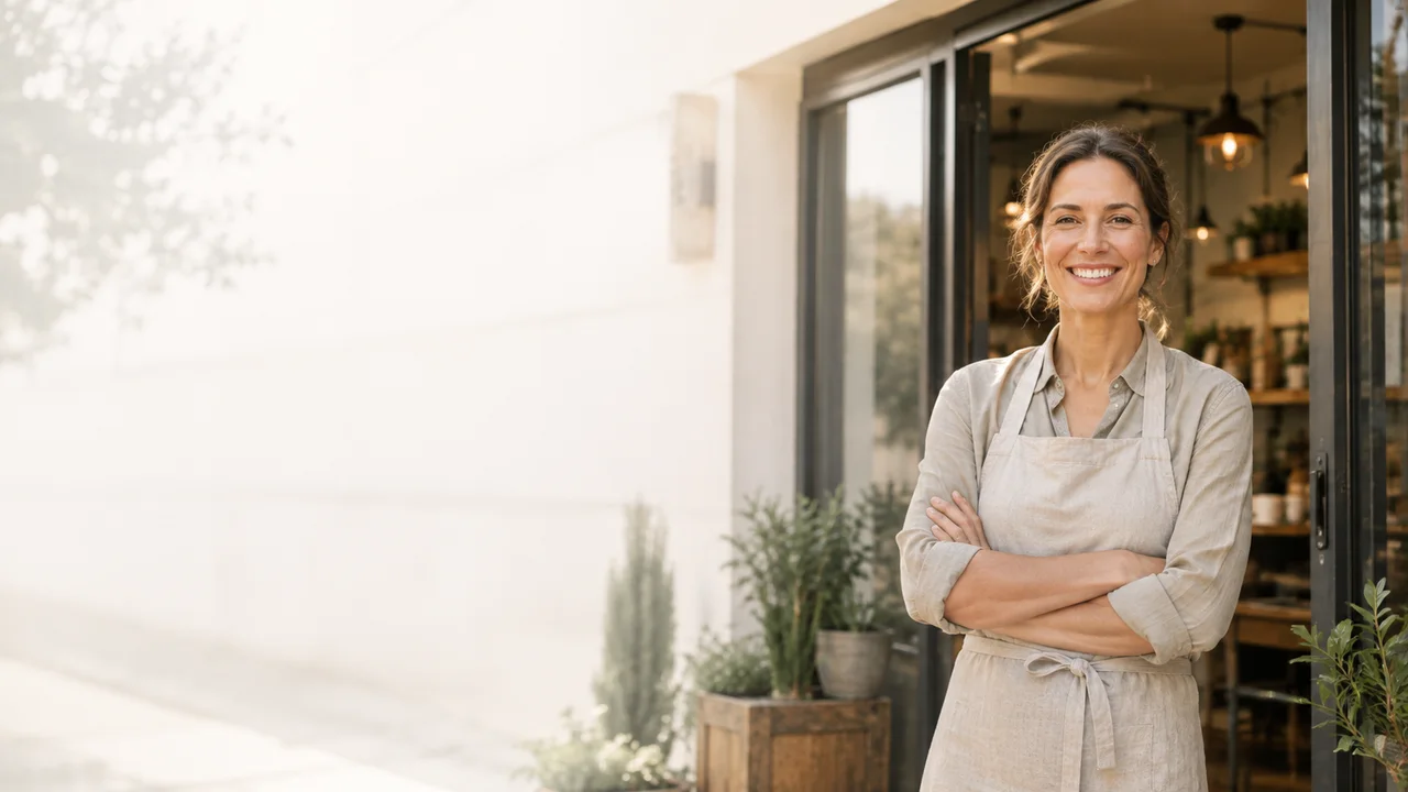 Shop owner reviewing a simple service website that showcases work without an online store