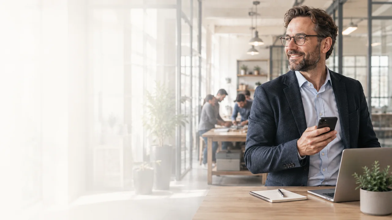 Consultant discussing a business website rebuild from a bright open office