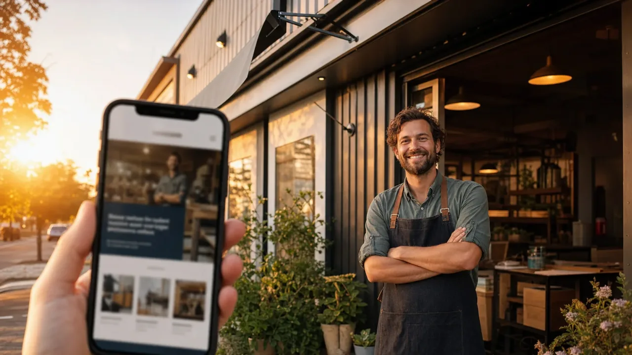 CSMBAC homepage local business website launch: neighbourhood storefront at golden hour with the matching site open on a smartphone