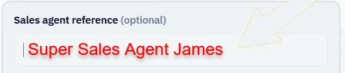 Checkout screen showing the optional Sales agent reference field with example name "Super Sales Agent James", helper text, and the no-sales-agent checkbox.