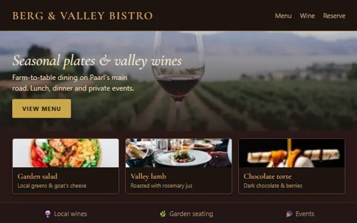 Berg & Valley Bistro homepage style preview