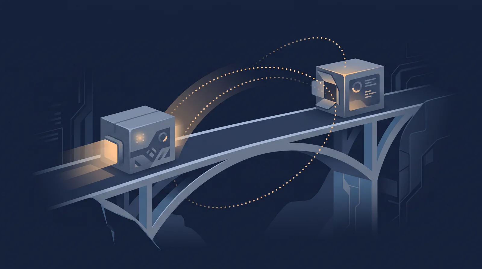 Flat editorial illustration showing two data boxes crossing a bridge with a dotted orbit trail between them, one box accepting the transfer.