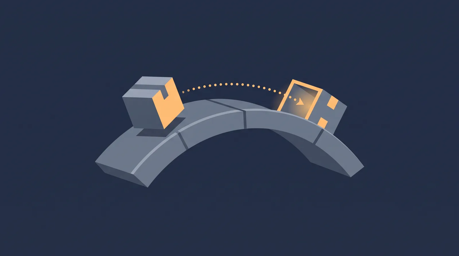 Editorial close-up illustration showing two data boxes crossing a bridge with a dotted orbit trail between them, one box accepting the transfer.