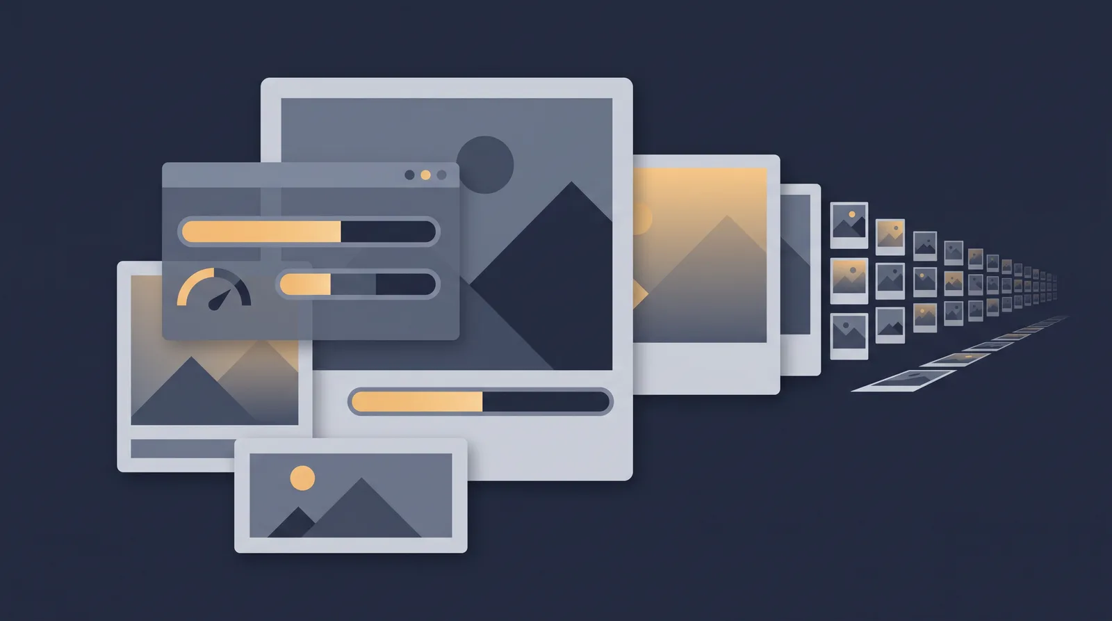 Flat editorial illustration showing layered photo frames with a visible file-size meter and a compression bar, grid of thumbnails receding.