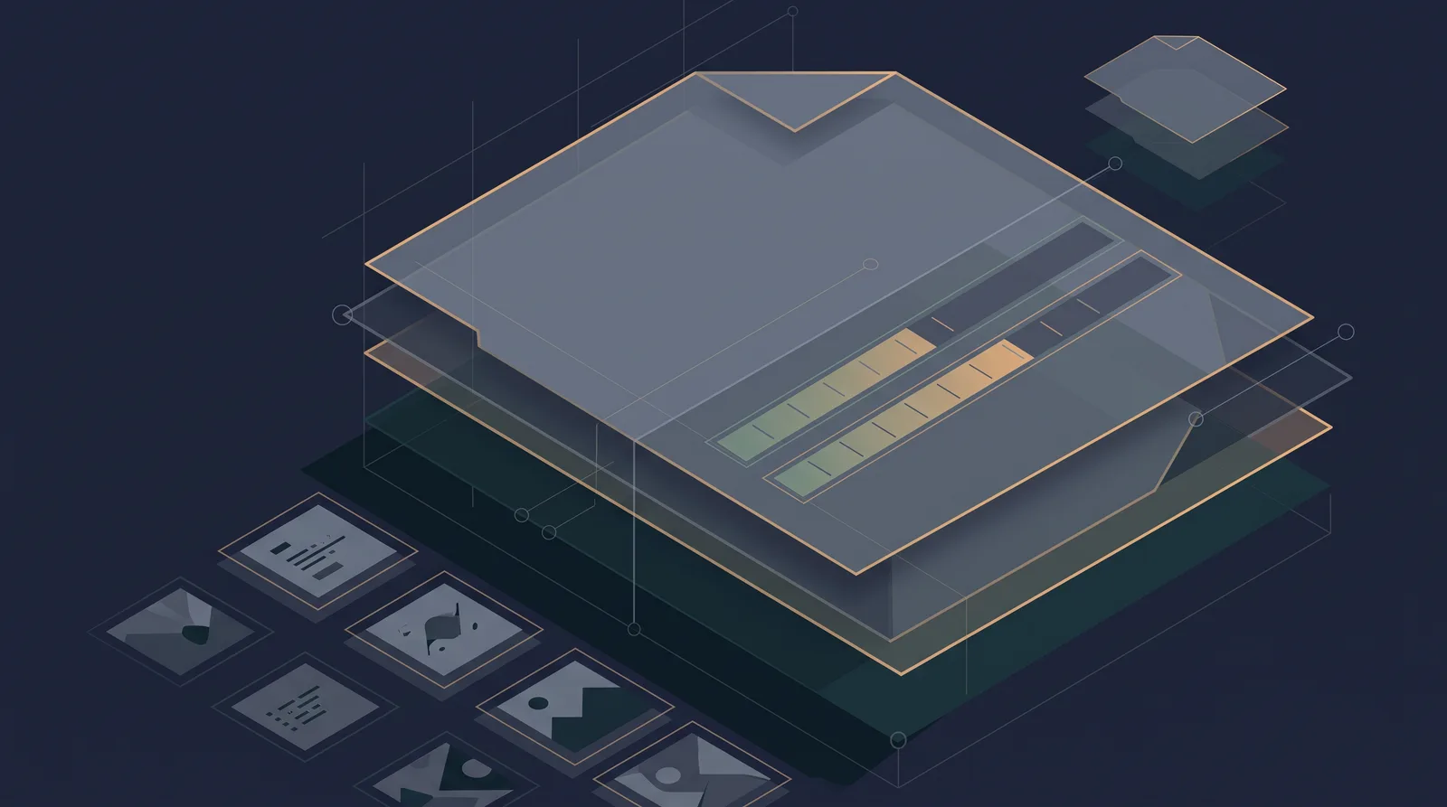 Editorial close-up illustration showing layered photo frames with a visible file-size meter and a compression bar, grid of thumbnails receding.