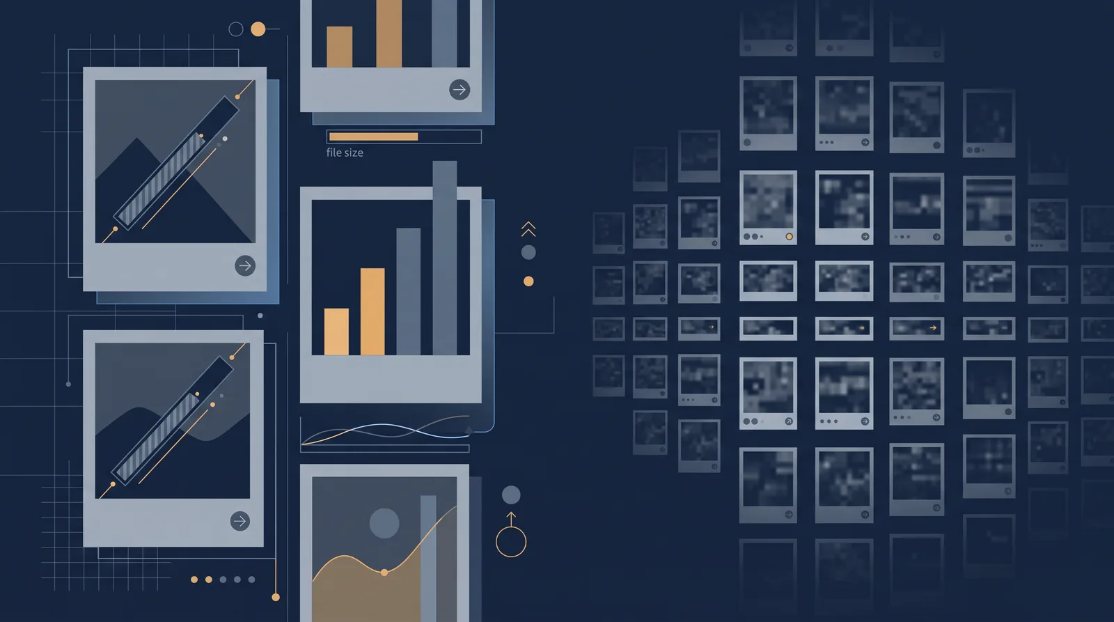 Flat editorial illustration showing layered photo frames with a visible file-size meter and a compression bar, grid of thumbnails receding.