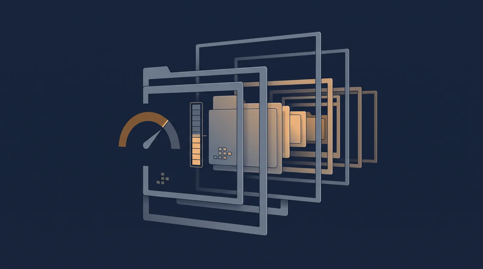 Editorial close-up illustration showing layered photo frames with a visible file-size meter and a compression bar, grid of thumbnails receding.