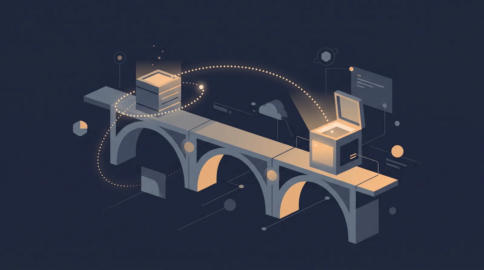 Flat editorial illustration showing two data boxes crossing a bridge with a dotted orbit trail between them, one box accepting the transfer.