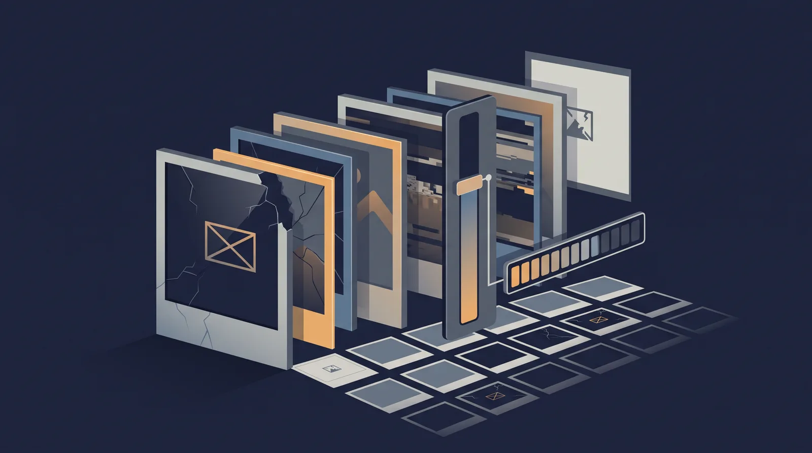 Flat editorial illustration showing layered photo frames with a visible file-size meter and a compression bar, grid of thumbnails receding.