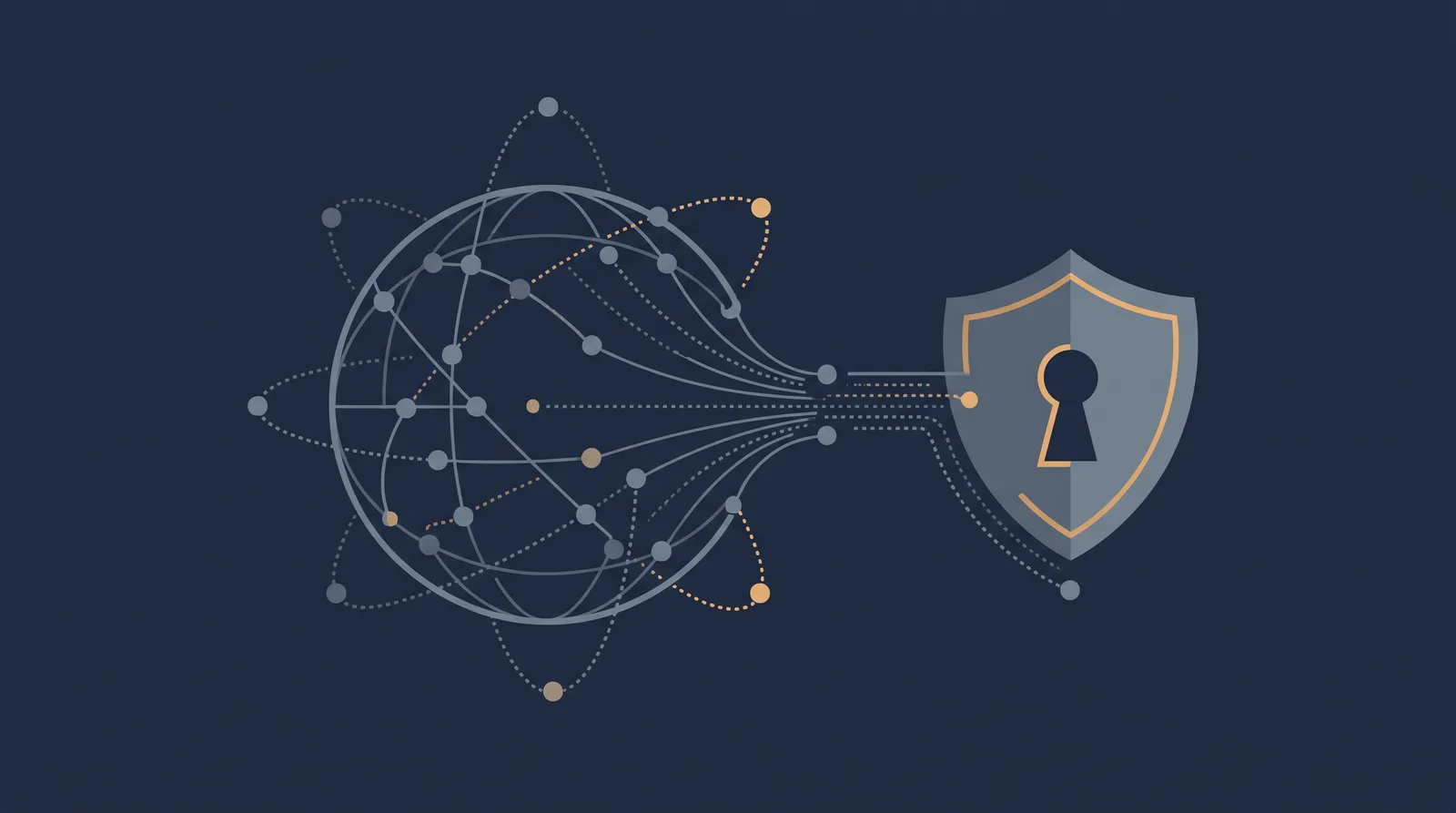 Flat editorial illustration showing a globe of orbiting nodes resolving into a key and shield form, dotted resolution paths converging.