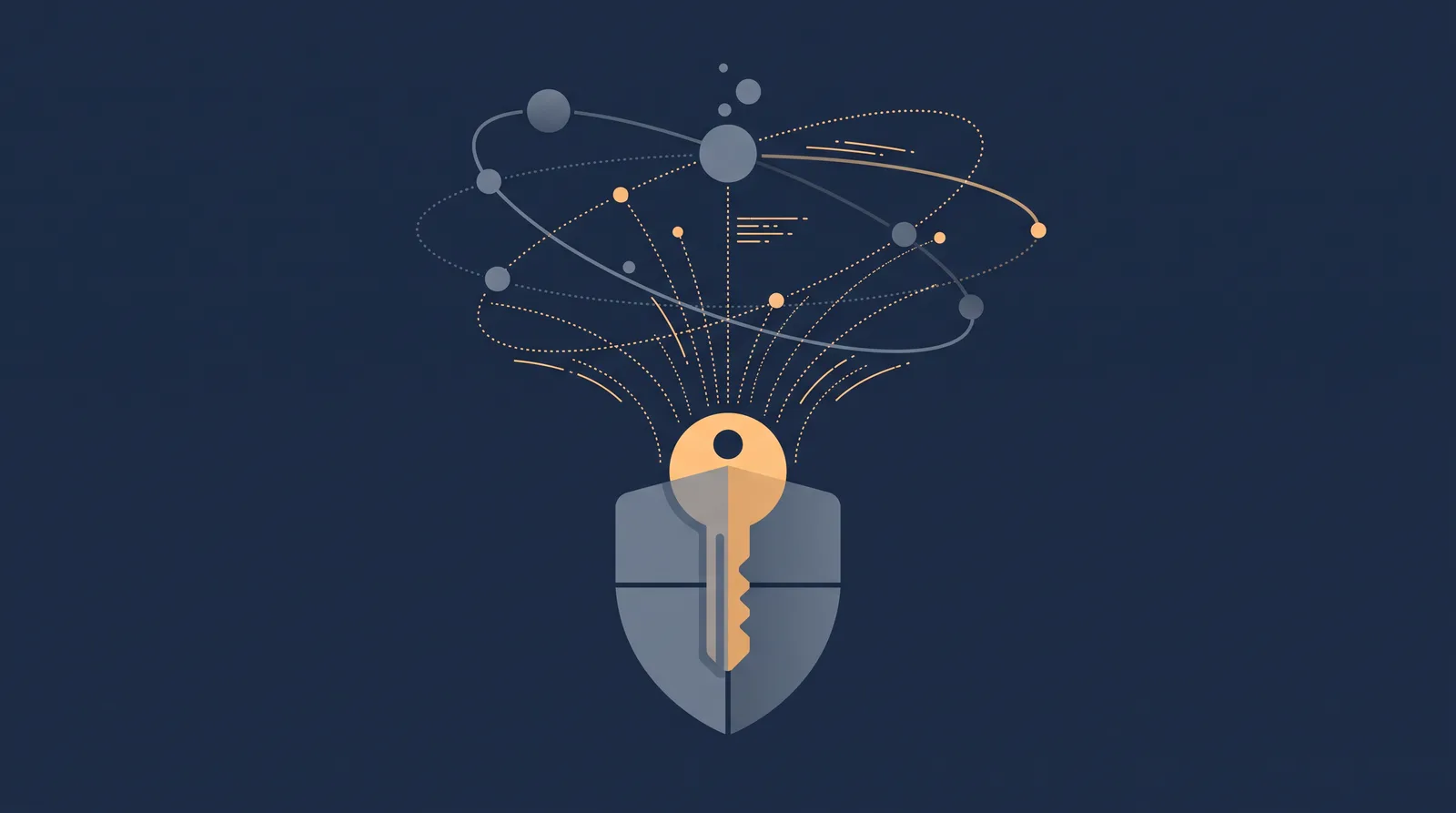 Editorial close-up illustration showing a globe of orbiting nodes resolving into a key and shield form, dotted resolution paths converging.