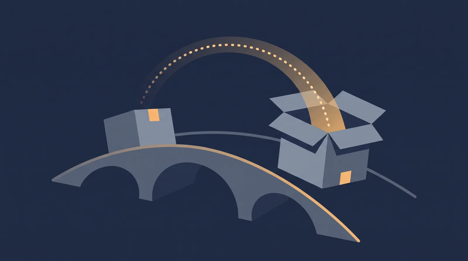 Flat editorial illustration showing two data boxes crossing a bridge with a dotted orbit trail between them, one box accepting the transfer.