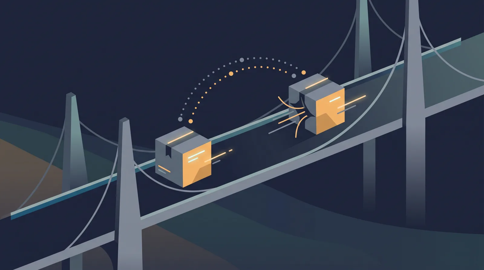 Editorial close-up illustration showing two data boxes crossing a bridge with a dotted orbit trail between them, one box accepting the transfer.