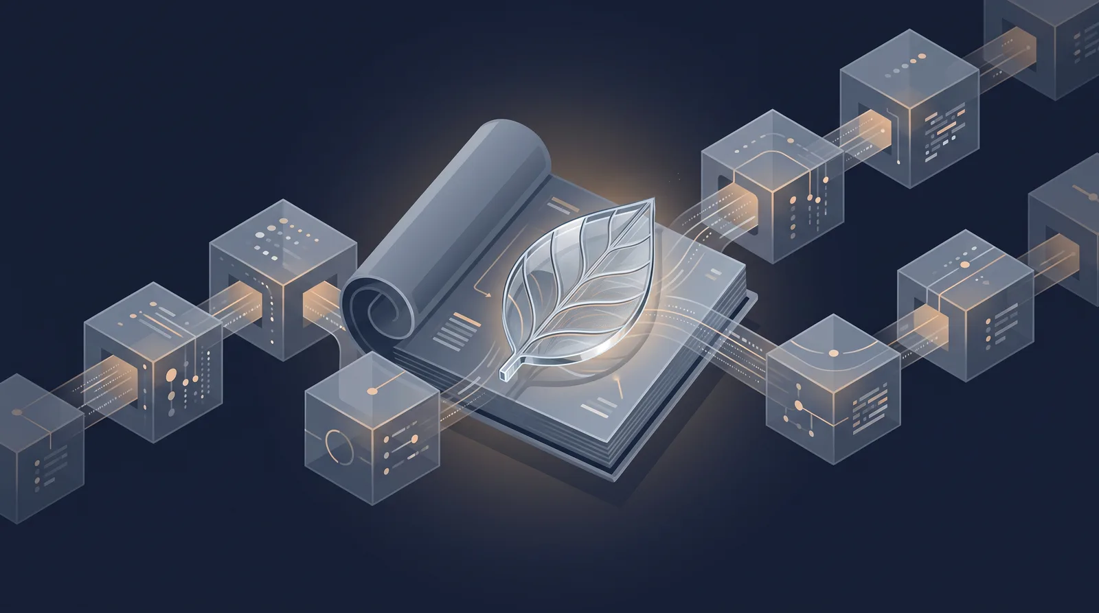 Flat editorial illustration showing a public ledger with a transparent glass leaf inset.