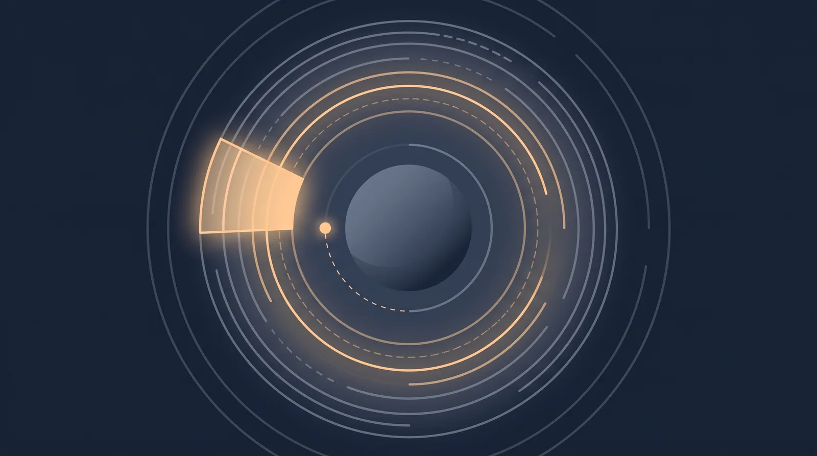 Flat editorial illustration showing a planetary shield with concentric orbit rings, one radial segment glowing as a small request dot climbs.