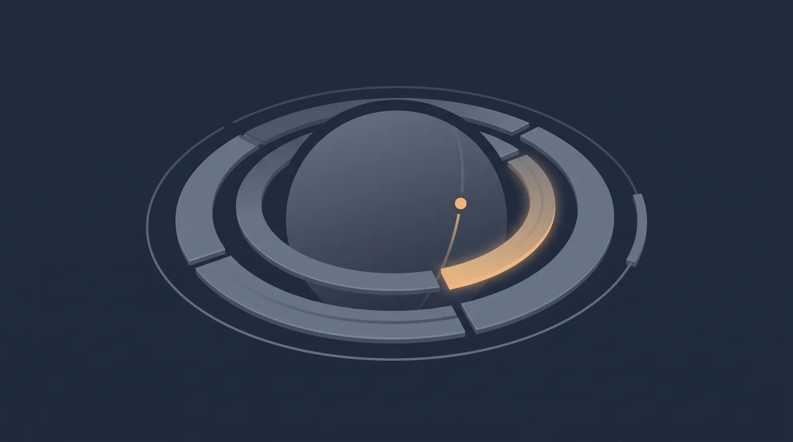 Editorial close-up illustration showing a planetary shield with concentric orbit rings, one radial segment glowing as a small request dot settles.