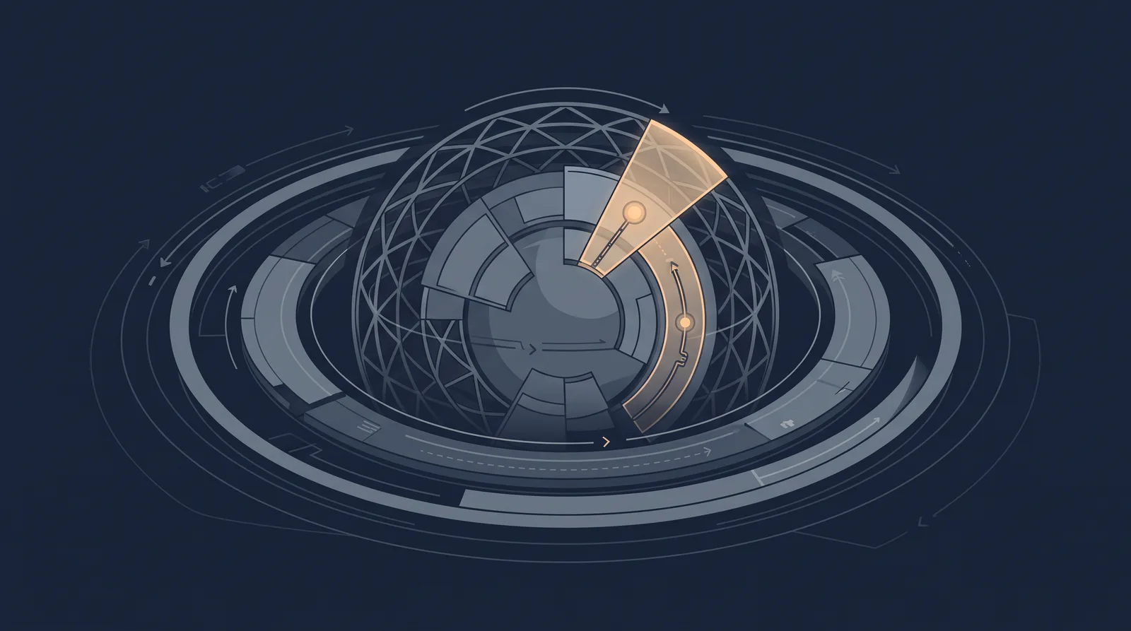 Flat editorial illustration showing a planetary shield with concentric orbit rings, one radial segment glowing as a small request dot climbs.