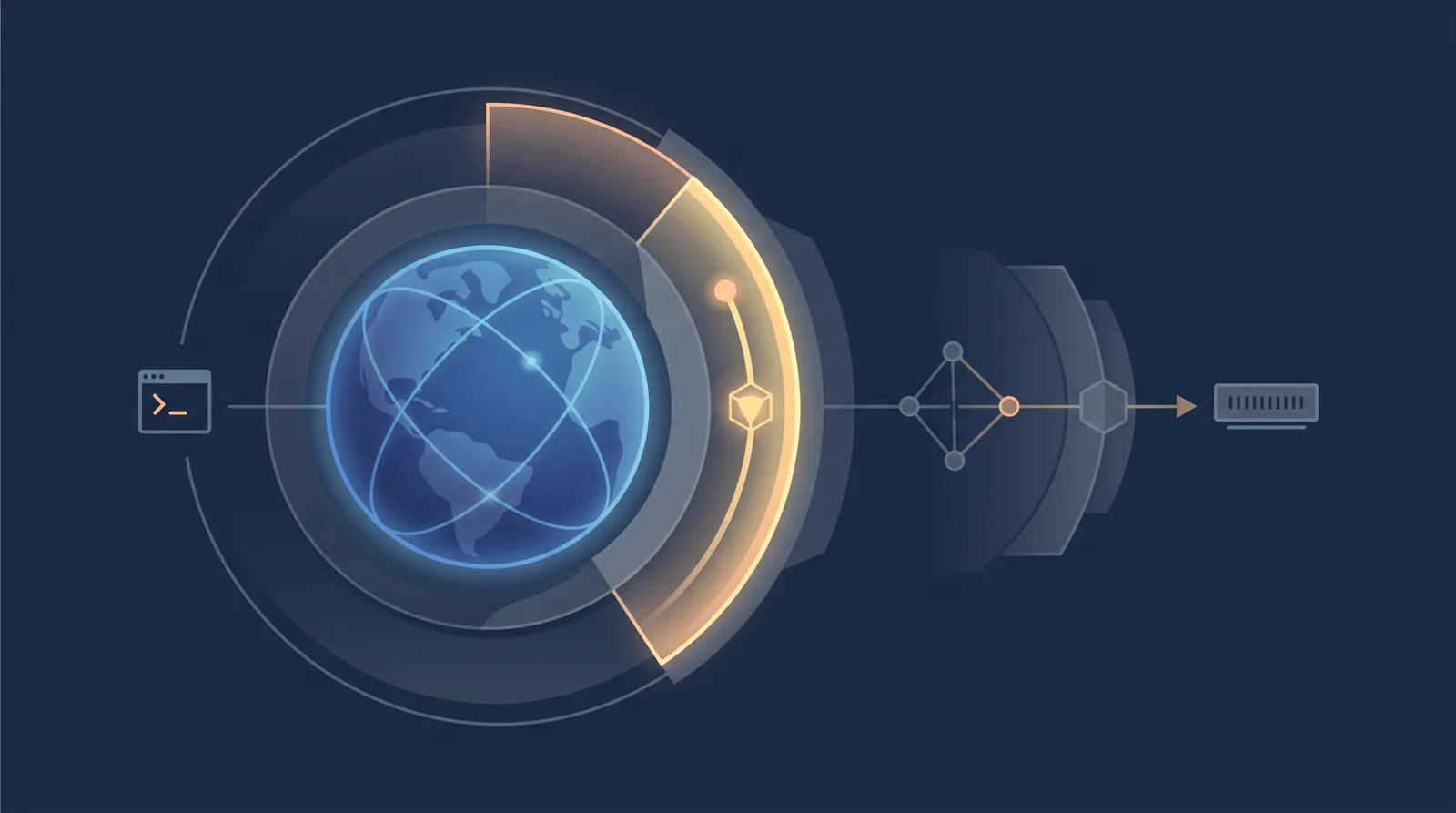 Flat editorial illustration showing a planetary shield with concentric orbit rings, one radial segment glowing as a small request dot climbs.