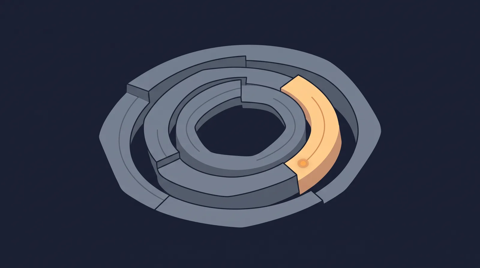 Editorial close-up illustration showing a planetary shield with concentric orbit rings, one radial segment glowing as a small request dot settles.