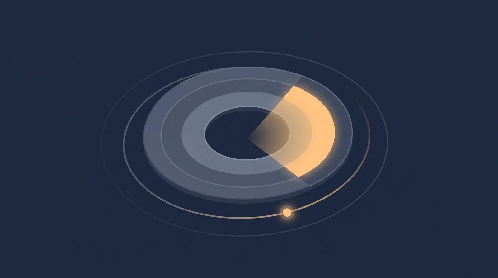 Flat editorial illustration showing a planetary shield with concentric orbit rings, one radial segment glowing as a small request dot climbs.