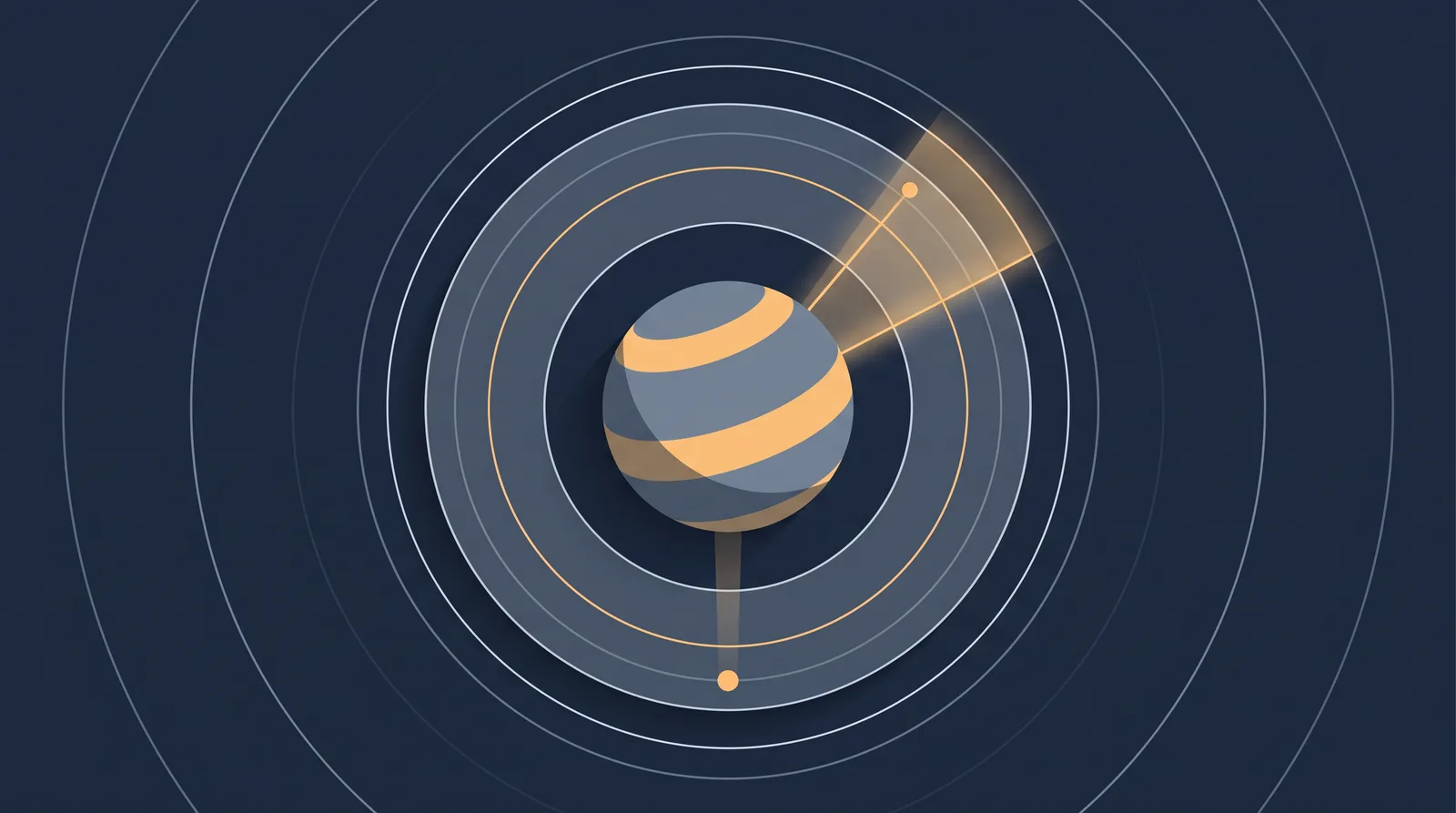 Editorial close-up illustration showing a planetary shield with concentric orbit rings, one radial segment glowing as a small request dot settles.