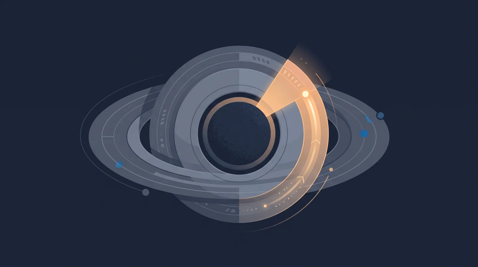 Flat editorial illustration showing a planetary shield with concentric orbit rings, one radial segment glowing as a small request dot climbs.