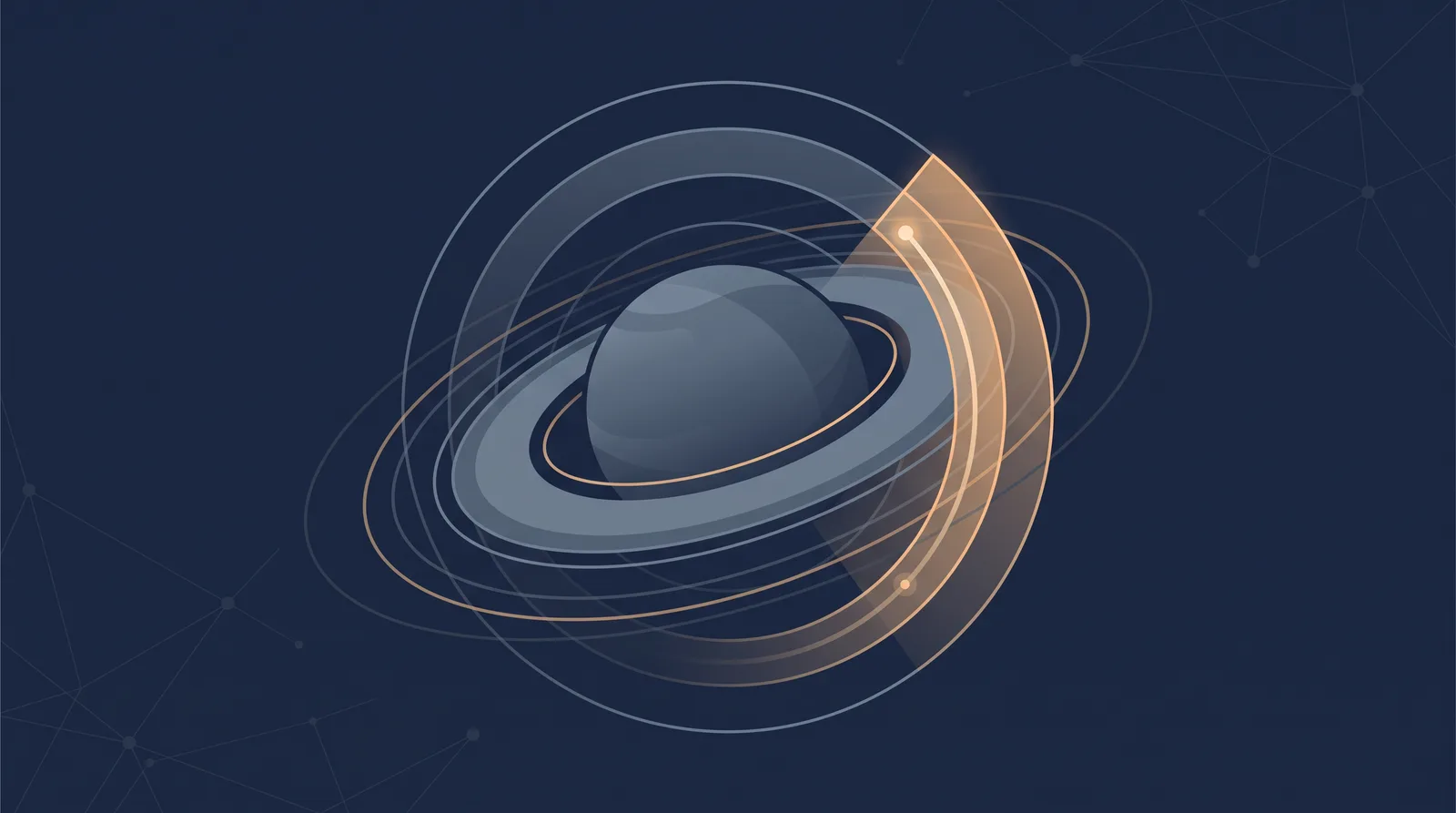 Flat editorial illustration showing a planetary shield with concentric orbit rings, one radial segment glowing as a small request dot climbs.