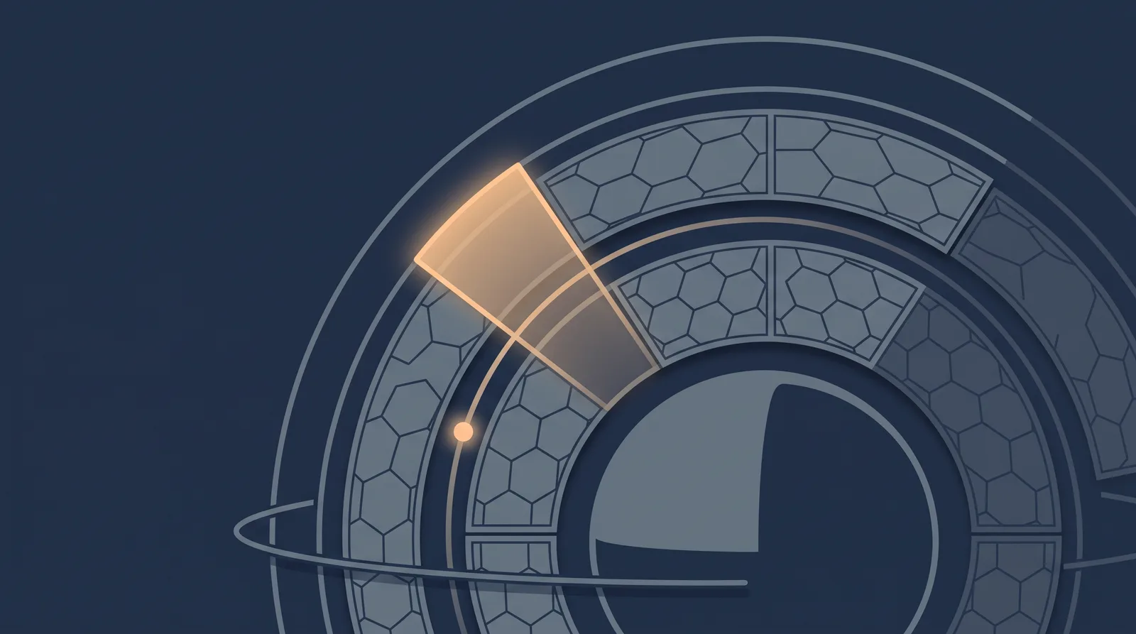 Editorial close-up illustration showing a planetary shield with concentric orbit rings, one radial segment glowing as a small request dot settles.