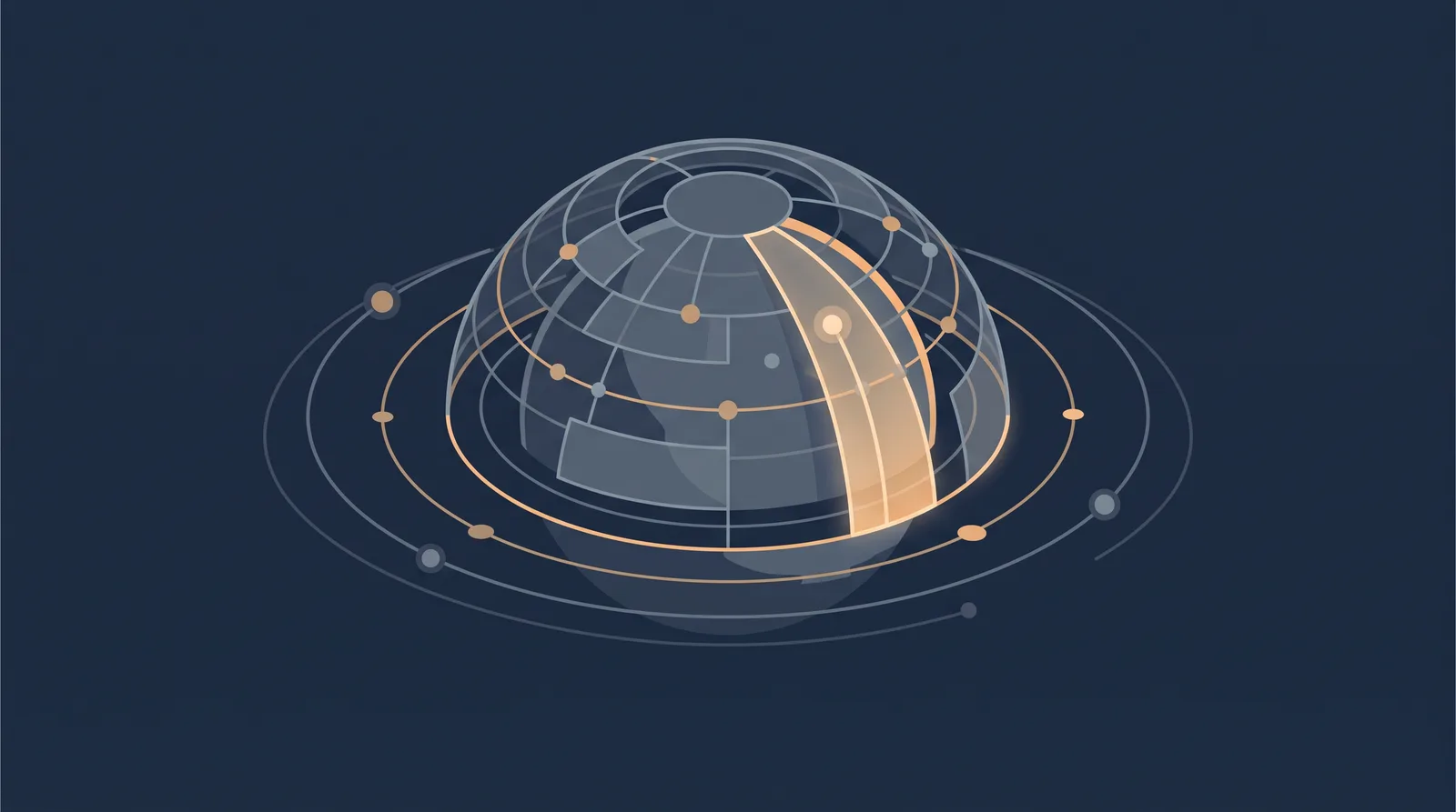 Flat editorial illustration showing a planetary shield with concentric orbit rings, one radial segment glowing as a small request dot climbs.