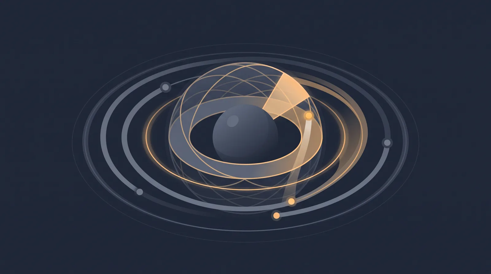 Flat editorial illustration showing a planetary shield with concentric orbit rings, one radial segment glowing as a small request dot climbs.