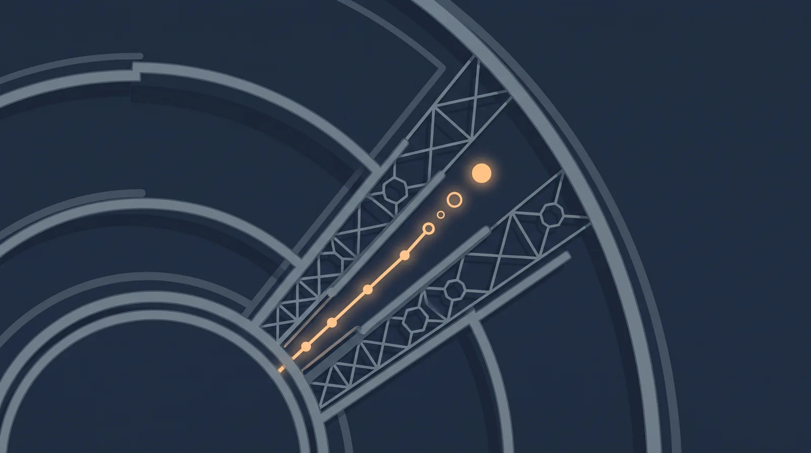 Editorial close-up illustration showing a planetary shield with concentric orbit rings, one radial segment glowing as a small request dot settles.