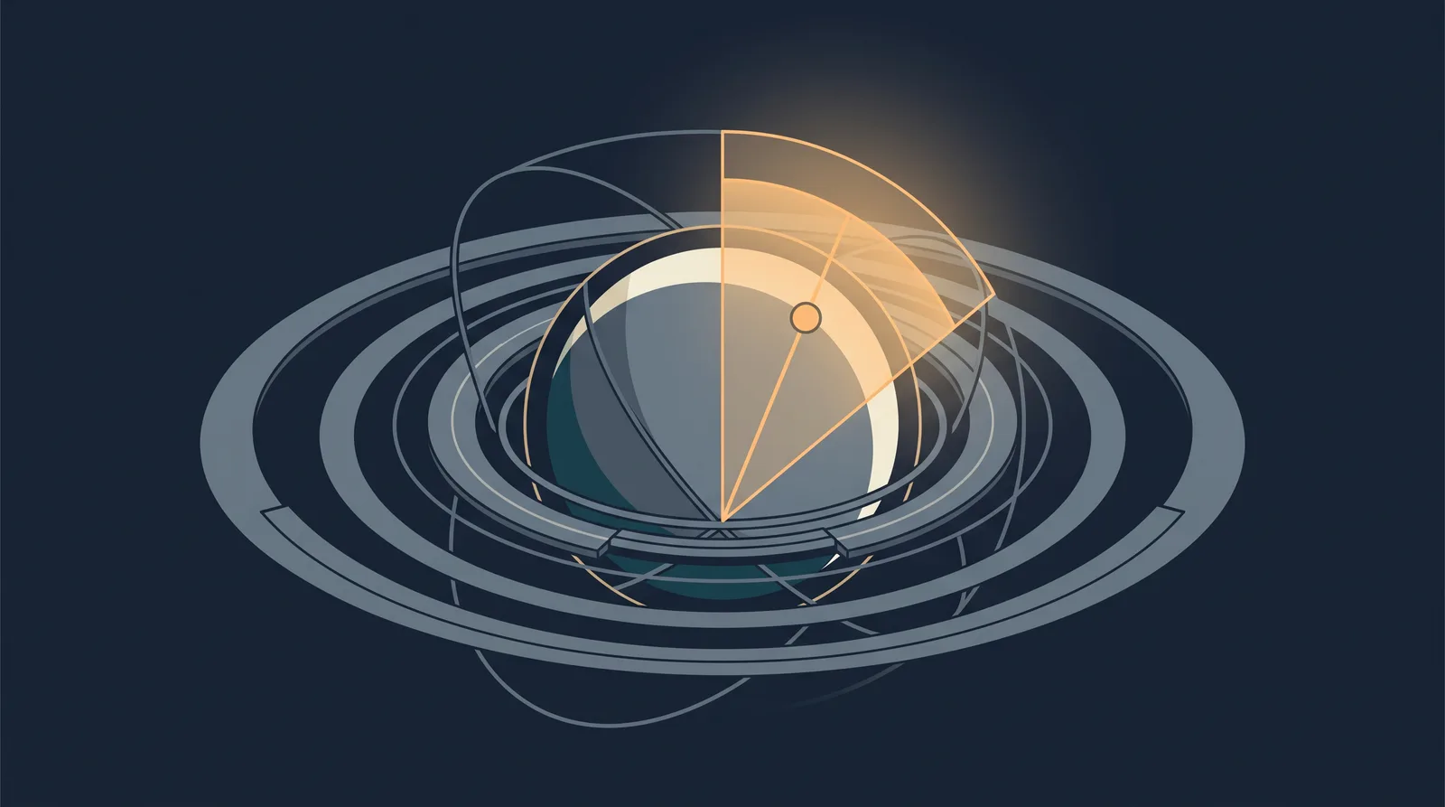 Editorial close-up illustration showing a planetary shield with concentric orbit rings, one radial segment glowing as a small request dot settles.