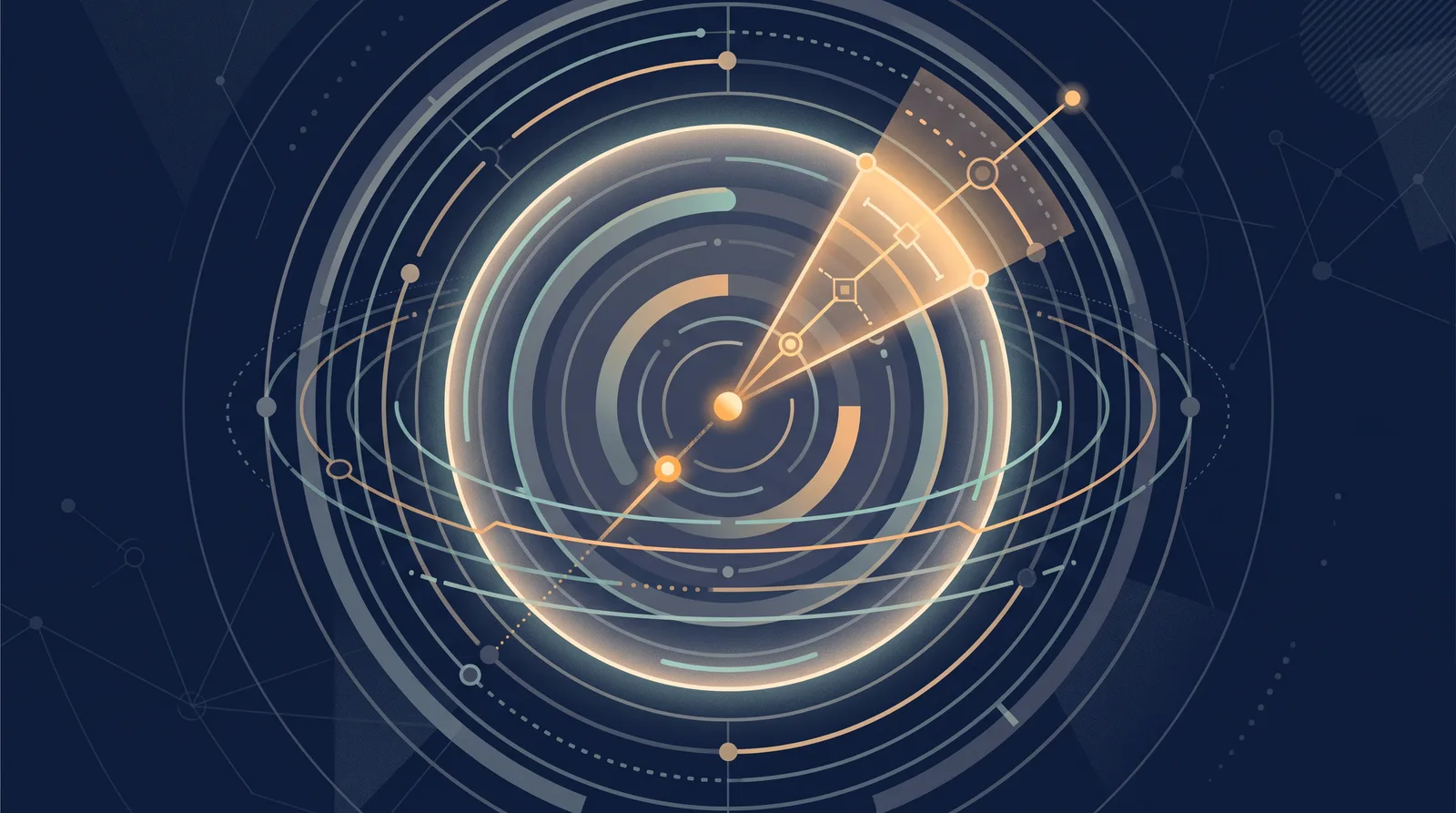 Flat editorial illustration showing a planetary shield with concentric orbit rings, one radial segment glowing as a small request dot climbs.
