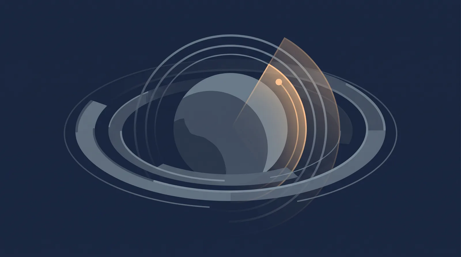 Editorial close-up illustration showing a planetary shield with concentric orbit rings, one radial segment glowing as a small request dot settles.