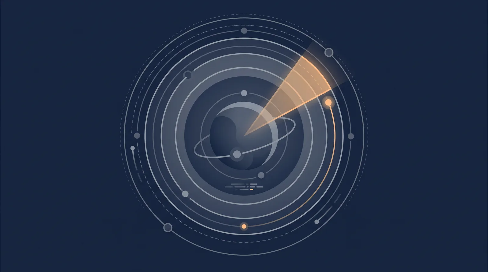 Flat editorial illustration showing a planetary shield with concentric orbit rings, one radial segment glowing as a small request dot climbs.