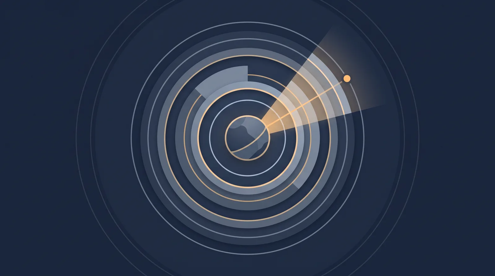 Flat editorial illustration showing a planetary shield with concentric orbit rings, one radial segment glowing as a small request dot climbs.
