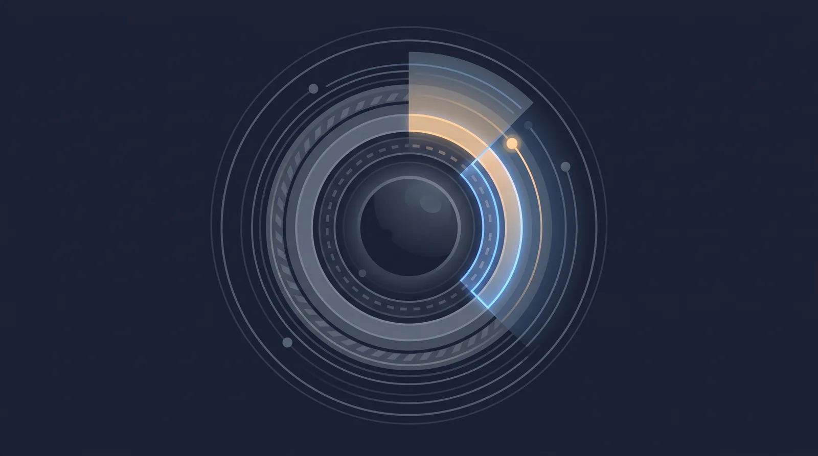 Flat editorial illustration showing a planetary shield with concentric orbit rings, one radial segment glowing as a small request dot climbs.