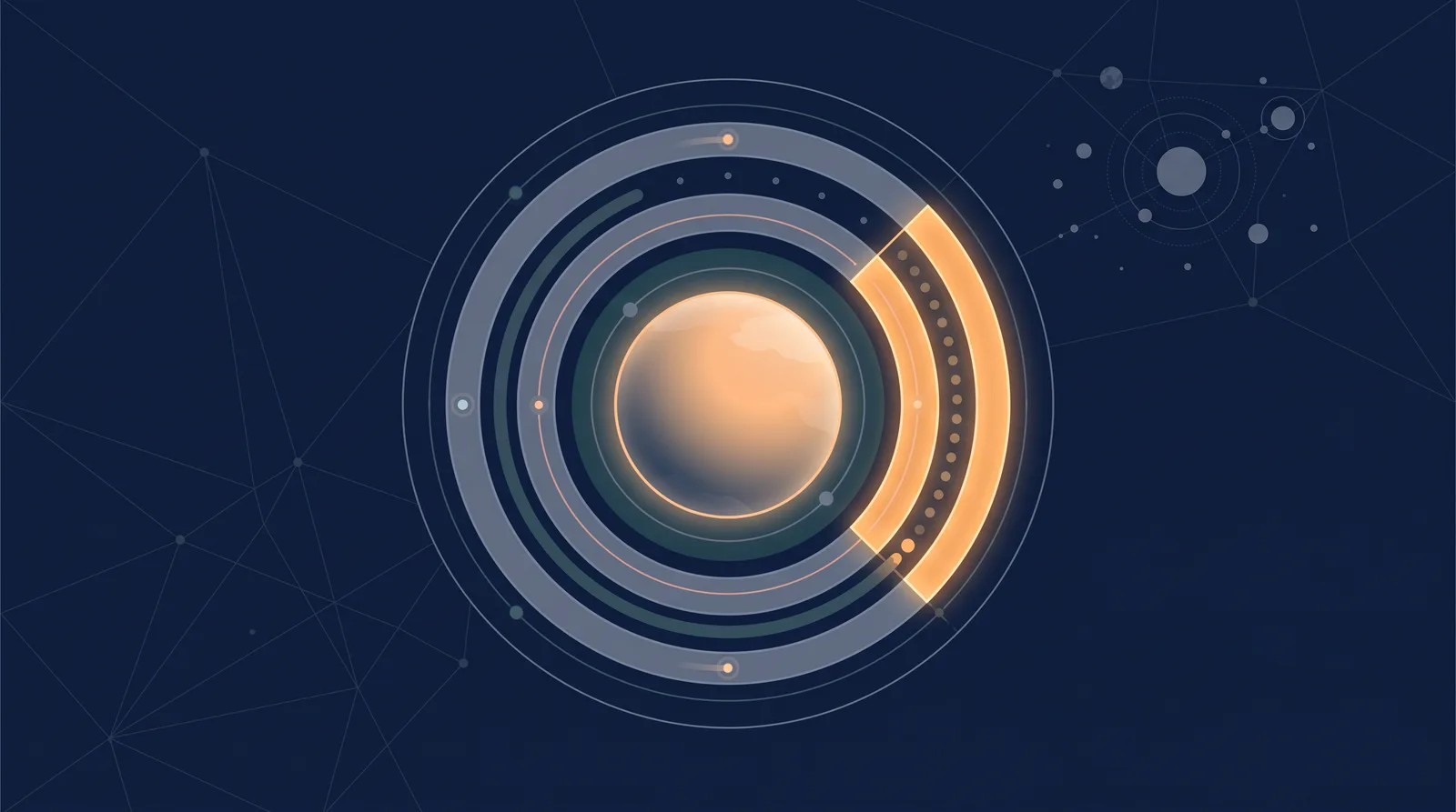 Flat editorial illustration showing a planetary shield with concentric orbit rings, one radial segment glowing as a small request dot climbs.
