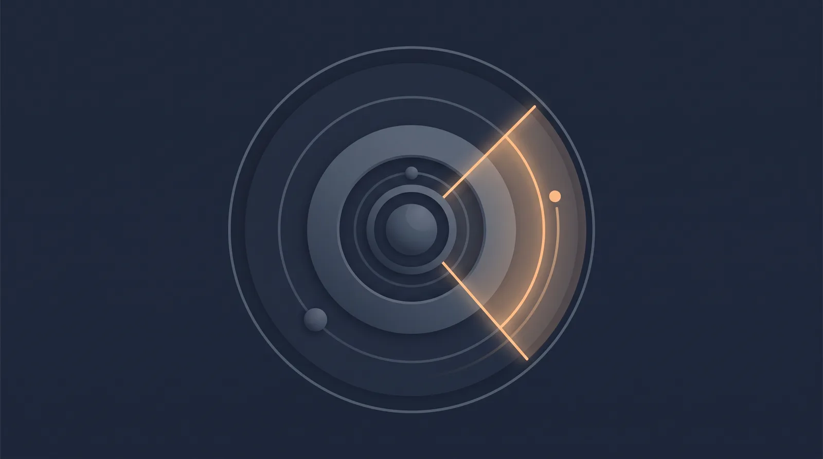 Editorial close-up illustration showing a planetary shield with concentric orbit rings, one radial segment glowing as a small request dot settles.