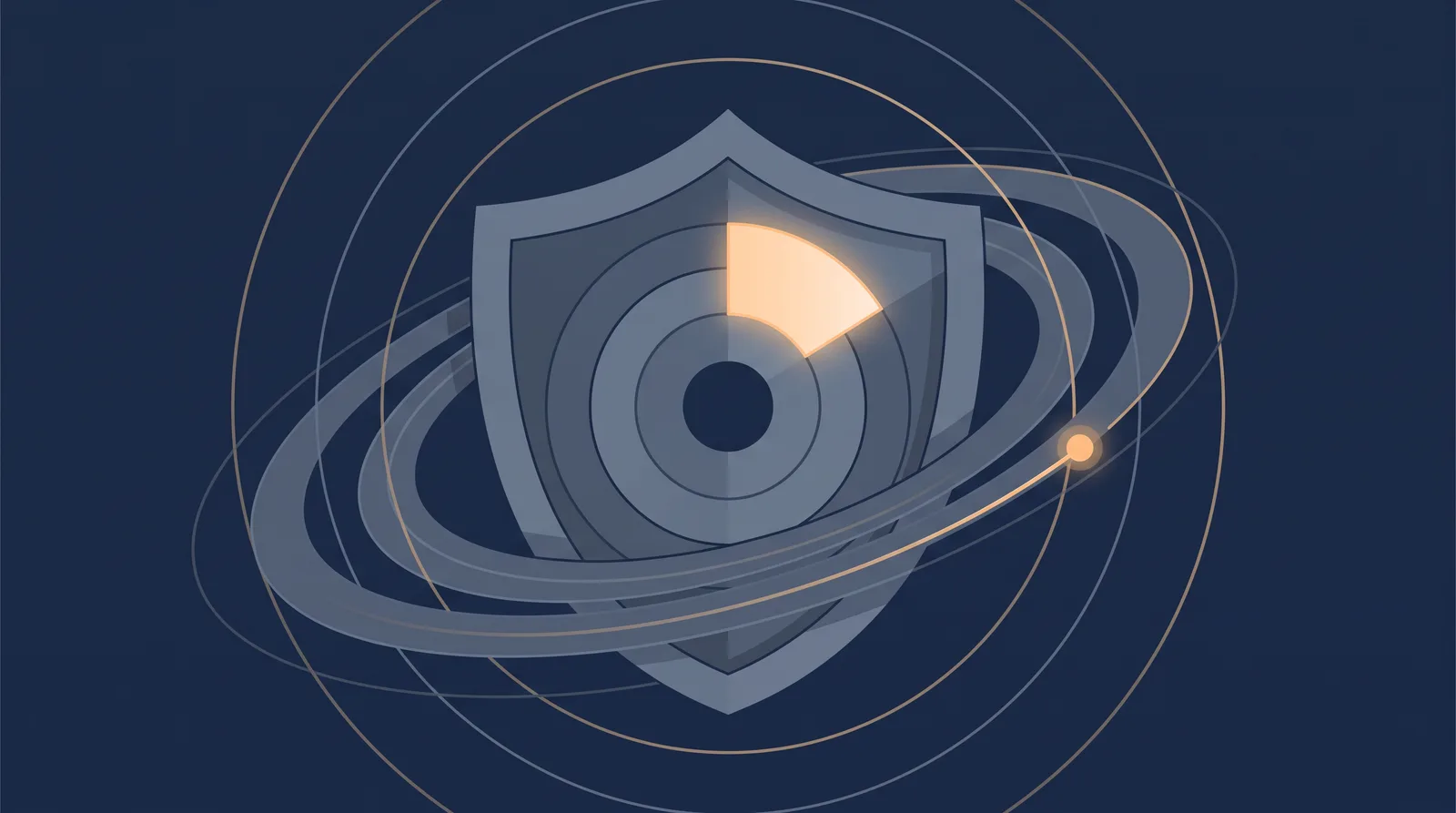 Flat editorial illustration showing a planetary shield with concentric orbit rings, one radial segment glowing as a small request dot climbs.