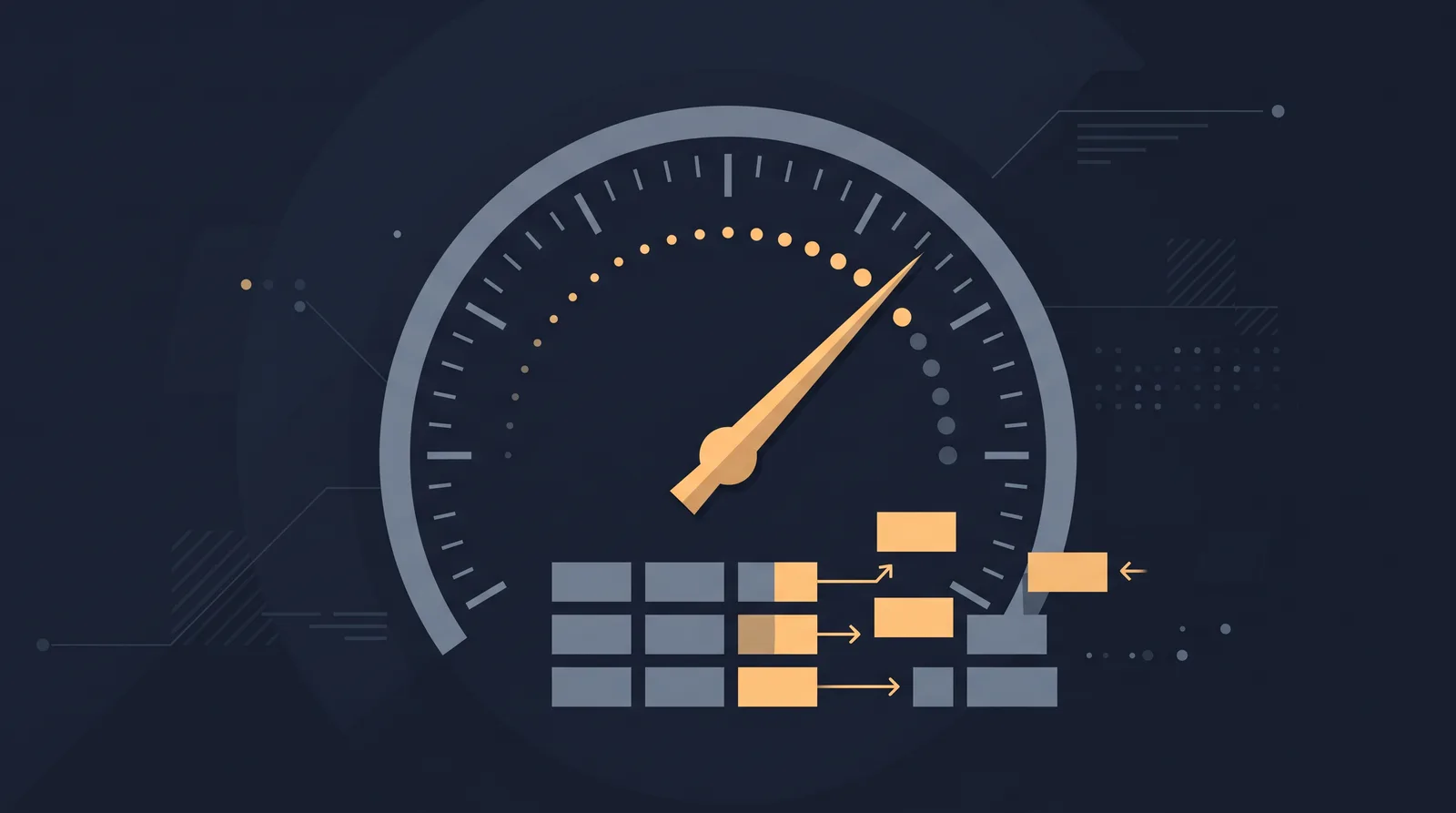 Flat editorial illustration showing a speedometer gauge with a rising needle, clean tick marks and small trailing dots.