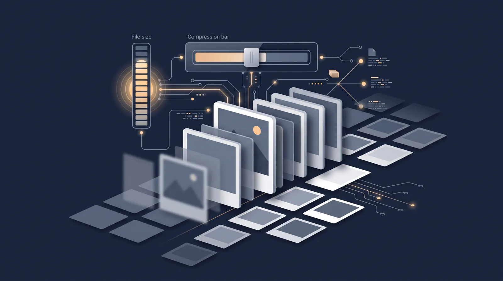 Flat editorial illustration showing layered photo frames with a visible file-size meter and a compression bar, grid of thumbnails receding.