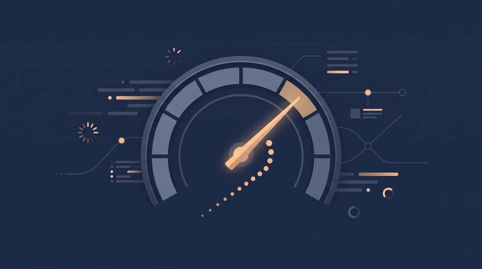 Flat editorial illustration showing a speedometer gauge with a rising needle, clean tick marks and small trailing dots.